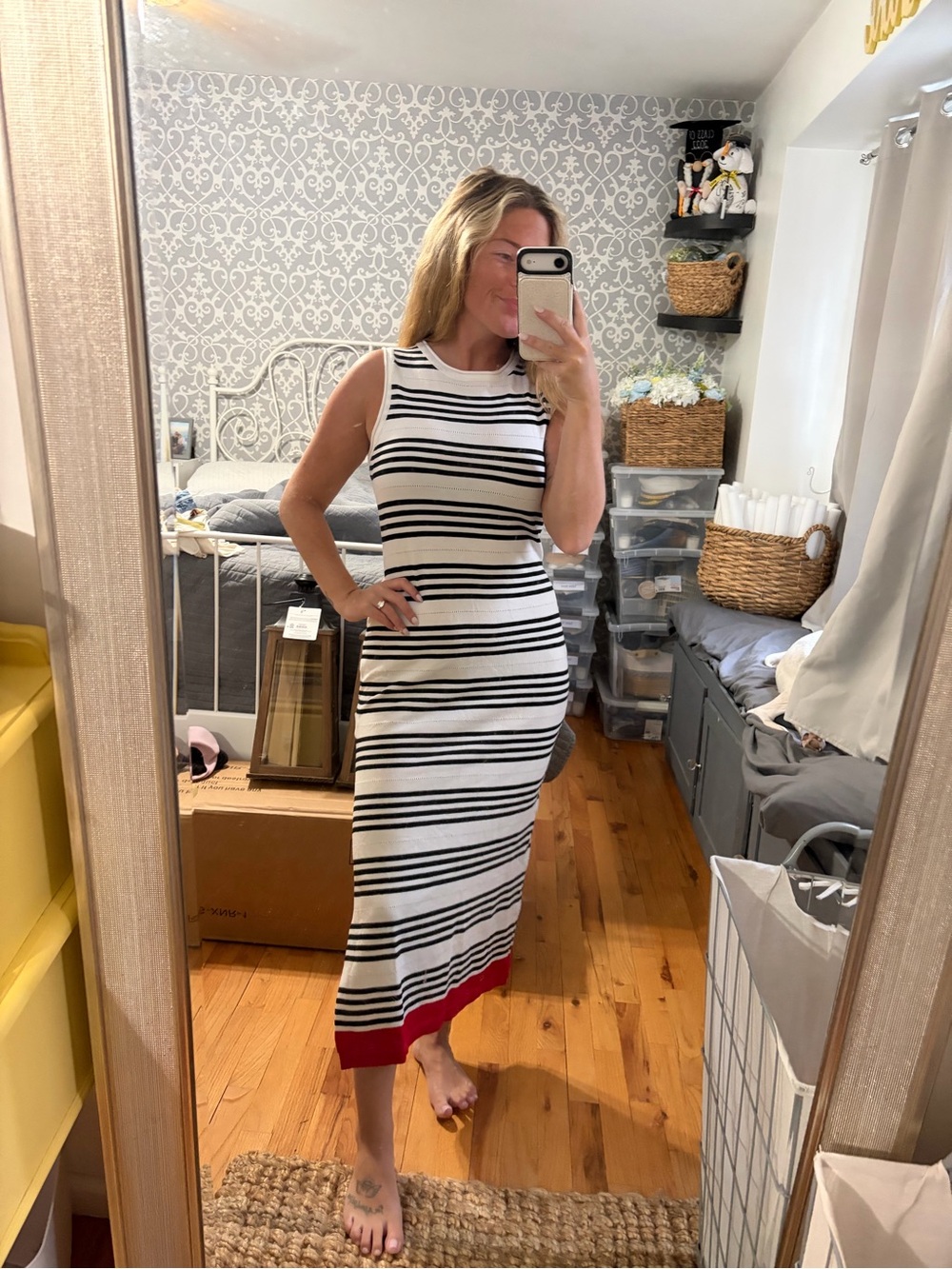 Amazon Sleeveless Black & White Striped Maxi Dress with Red Hem